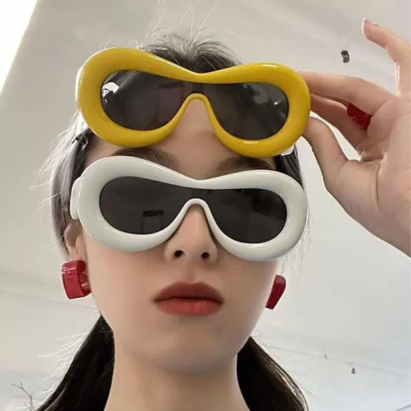 FEISEDY Inflated Oval Sunglasses for Women Men Fashion Oversized Thick Frame Y2K Glasses Funny Aesthetic Shades B9088White