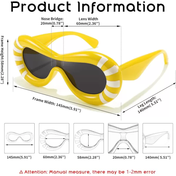 FEISEDY Inflated Oval Sunglasses for Women Men Fashion Oversized Thick Frame Y2K Glasses Funny Aesthetic Shades B9088Yellow Stripe