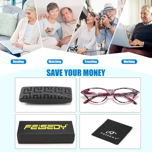 FEISEDY Lightweight Cat Eye Reading Glasses for Women Retro Small Anti Glare Readers B0042Black and Red Stripes