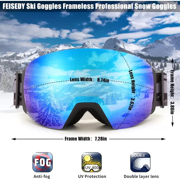 FEISEDY Magnetic Ski Goggles for Men Women Youth Frameless Snow Goggles 100 UV Protection Snowboard Goggles B0020002 Revoblue Vlt 16