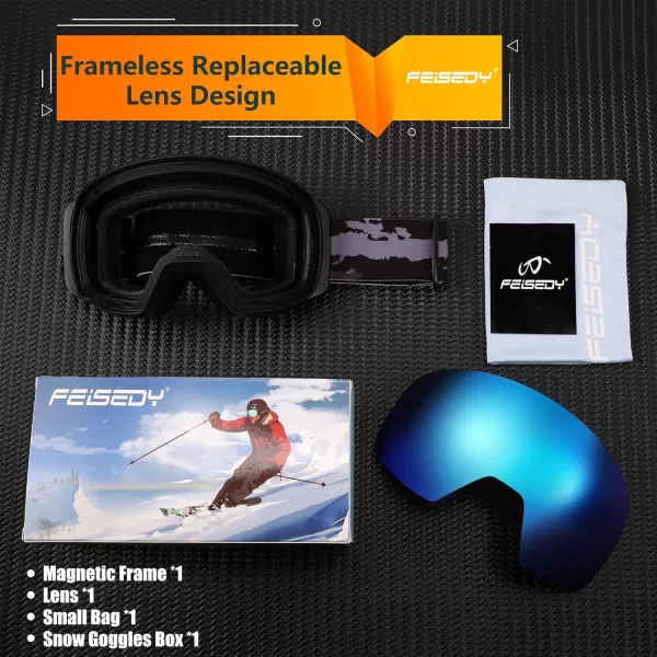 FEISEDY Magnetic Ski Goggles for Men Women Youth Frameless Snow Goggles 100 UV Protection Snowboard Goggles B0020002 Revoblue Vlt 16