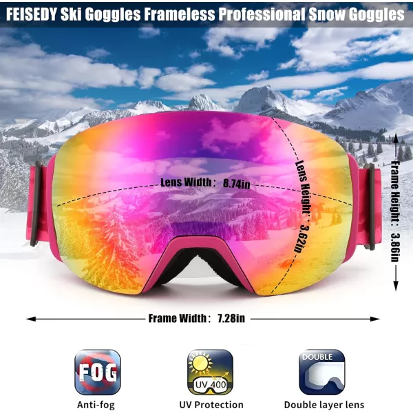 FEISEDY Magnetic Ski Goggles for Men Women Youth Frameless Snow Goggles 100 UV Protection Snowboard Goggles B0020003 Revopurple Vlt 18