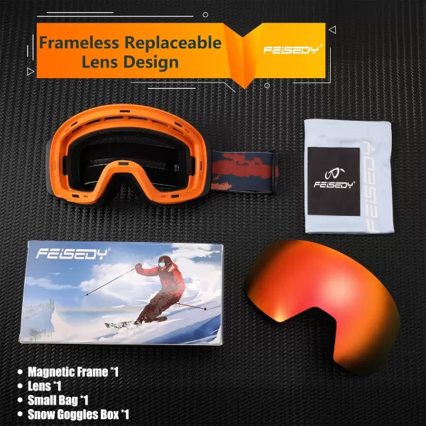 FEISEDY Magnetic Ski Goggles for Men Women Youth Frameless Snow Goggles 100 UV Protection Snowboard Goggles B0020004 Revoorange Vlt 22