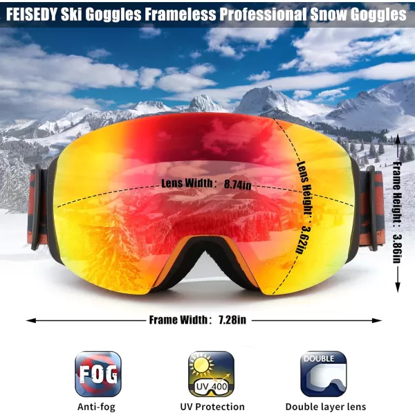 FEISEDY Magnetic Ski Goggles for Men Women Youth Frameless Snow Goggles 100 UV Protection Snowboard Goggles B0020004 Revoorange Vlt 22