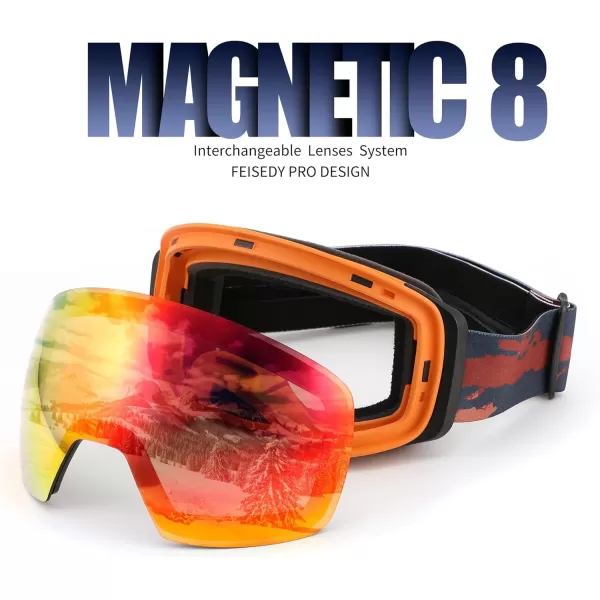 FEISEDY Magnetic Ski Goggles for Men Women Youth Frameless Snow Goggles 100 UV Protection Snowboard Goggles B0020004 Revoorange Vlt 22