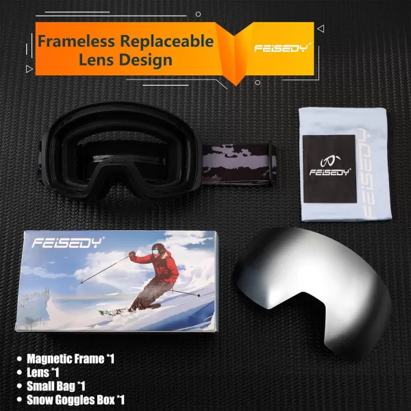 FEISEDY Magnetic Ski Goggles for Men Women Youth Frameless Snow Goggles 100 UV Protection Snowboard Goggles B0020Revoblack Vlt 13