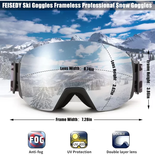 FEISEDY Magnetic Ski Goggles for Men Women Youth Frameless Snow Goggles 100 UV Protection Snowboard Goggles B0020Revoblack Vlt 13