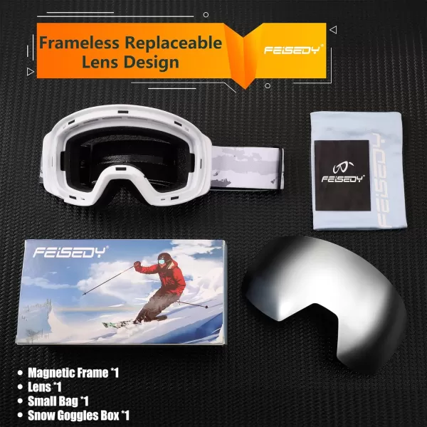 FEISEDY Magnetic Ski Goggles for Men Women Youth Frameless Snow Goggles 100 UV Protection Snowboard Goggles B0020Revowhite Vlt 13