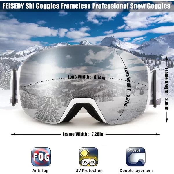 FEISEDY Magnetic Ski Goggles for Men Women Youth Frameless Snow Goggles 100 UV Protection Snowboard Goggles B0020Revowhite Vlt 13