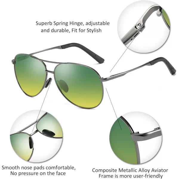 FEISEDY Night Driving Glasses Night Vision Aviator Anti Glare Eyewear for Men Women B2294GunmetalDaynight