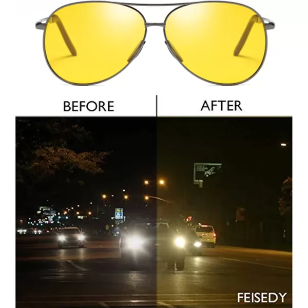 FEISEDY Night Driving Glasses Night Vision Aviator Anti Glare Eyewear for Men Women B2294Yellow