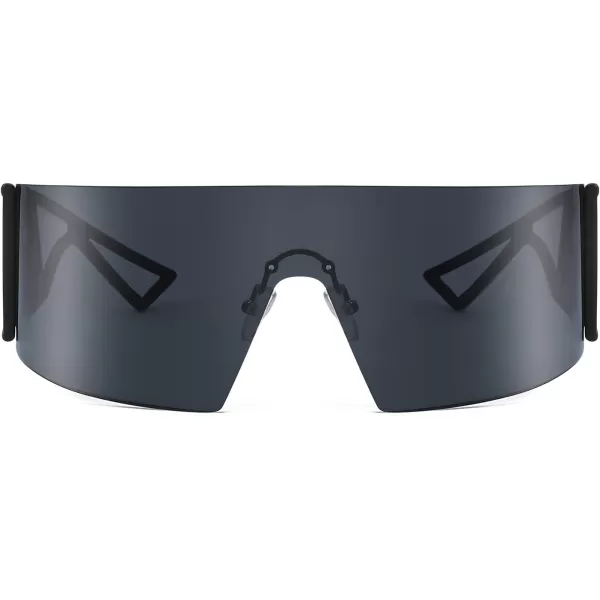 FEISEDY Oversized Flat Top Futuristic Wrap Sunglasses One Piece Goggles for Women Men Fashion Shades B4054Black FrameGrey Lens