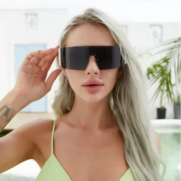 FEISEDY Oversized Flat Top Futuristic Wrap Sunglasses One Piece Goggles for Women Men Fashion Shades B4054Black FrameGrey Lens