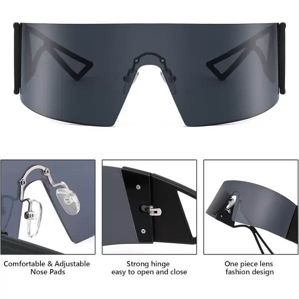 FEISEDY Oversized Flat Top Futuristic Wrap Sunglasses One Piece Goggles for Women Men Fashion Shades B4054Black FrameGrey Lens