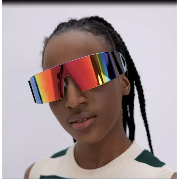 FEISEDY Oversized Flat Top Futuristic Wrap Sunglasses One Piece Goggles for Women Men Fashion Shades B4054Black FrameRed Mirror Lens