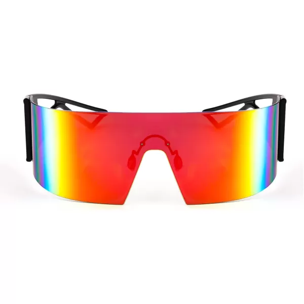 FEISEDY Oversized Flat Top Futuristic Wrap Sunglasses One Piece Goggles for Women Men Fashion Shades B4054Black FrameRed Mirror Lens