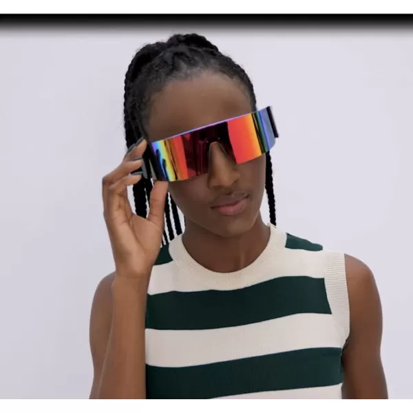 FEISEDY Oversized Flat Top Futuristic Wrap Sunglasses One Piece Goggles for Women Men Fashion Shades B4054Black FrameRed Mirror Lens