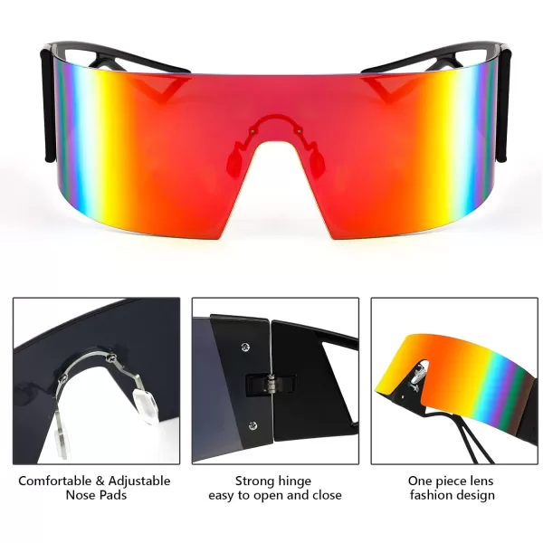 FEISEDY Oversized Flat Top Futuristic Wrap Sunglasses One Piece Goggles for Women Men Fashion Shades B4054Black FrameRed Mirror Lens
