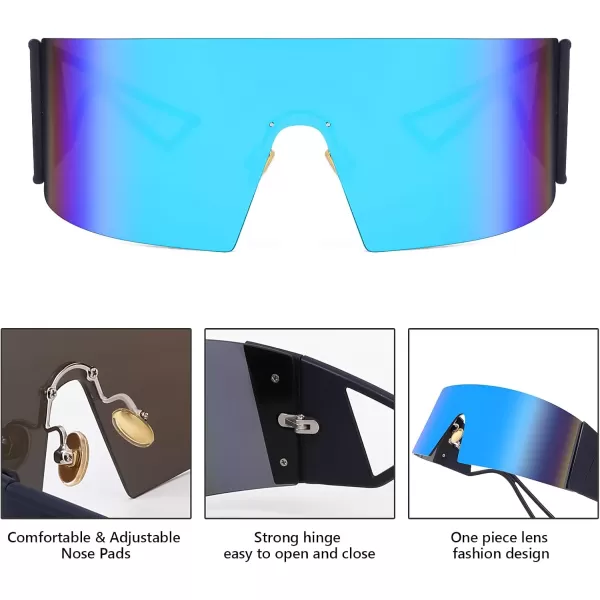 FEISEDY Oversized Flat Top Futuristic Wrap Sunglasses One Piece Goggles for Women Men Fashion Shades B4054Blue FrameBlue Mirror Lens