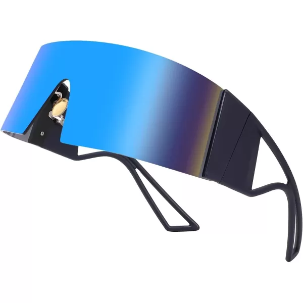 FEISEDY Oversized Flat Top Futuristic Wrap Sunglasses One Piece Goggles for Women Men Fashion Shades B4054Blue FrameBlue Mirror Lens
