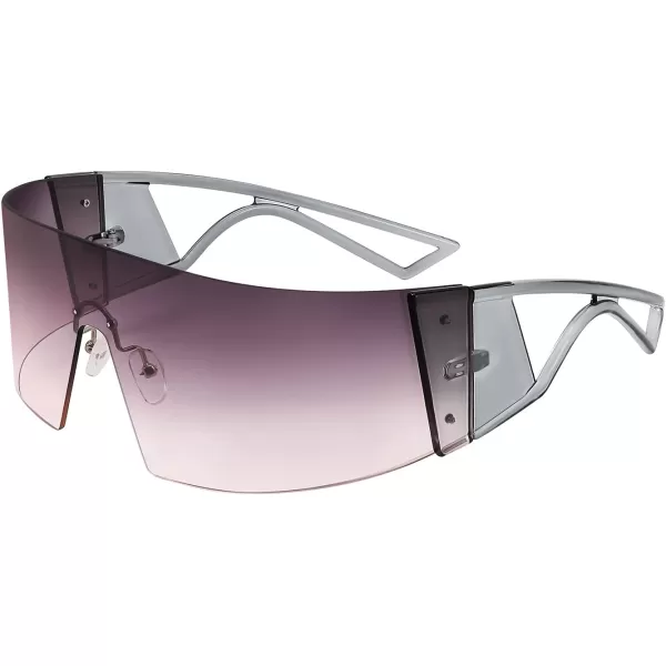 FEISEDY Oversized Flat Top Futuristic Wrap Sunglasses One Piece Goggles for Women Men Fashion Shades B4054Transparent Grey FrameGradient Purple
