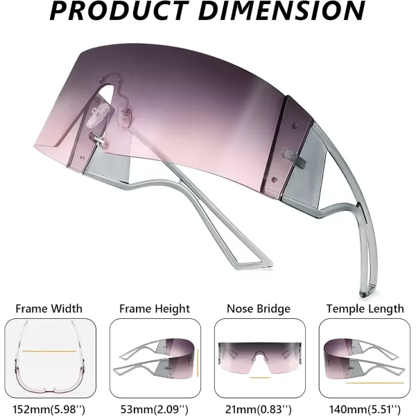 FEISEDY Oversized Flat Top Futuristic Wrap Sunglasses One Piece Goggles for Women Men Fashion Shades B4054Transparent Grey FrameGradient Purple