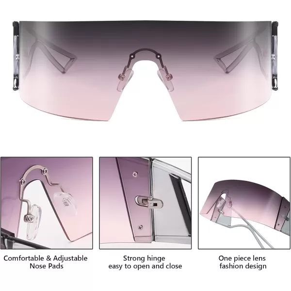 FEISEDY Oversized Flat Top Futuristic Wrap Sunglasses One Piece Goggles for Women Men Fashion Shades B4054Transparent Grey FrameGradient Purple