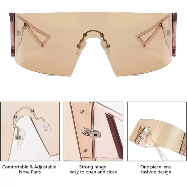 FEISEDY Oversized Flat Top Futuristic Wrap Sunglasses One Piece Goggles for Women Men Fashion Shades B4054Transparent Tea FrameChampagne Lens