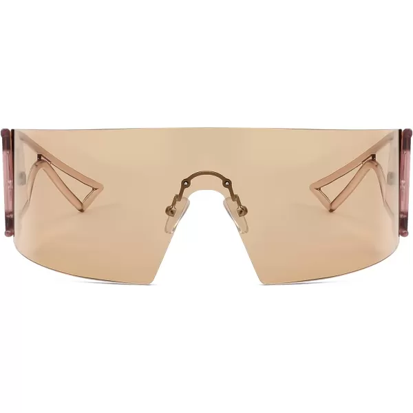 FEISEDY Oversized Flat Top Futuristic Wrap Sunglasses One Piece Goggles for Women Men Fashion Shades B4054Transparent Tea FrameChampagne Lens
