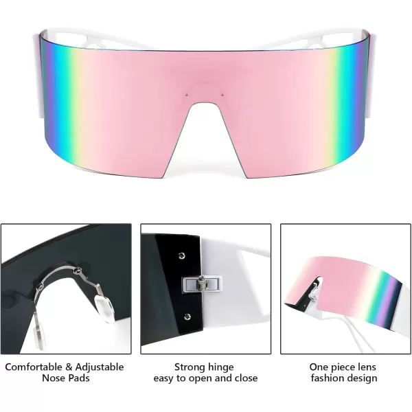 FEISEDY Oversized Flat Top Futuristic Wrap Sunglasses One Piece Goggles for Women Men Fashion Shades B4054White FramePink Mirror Lens