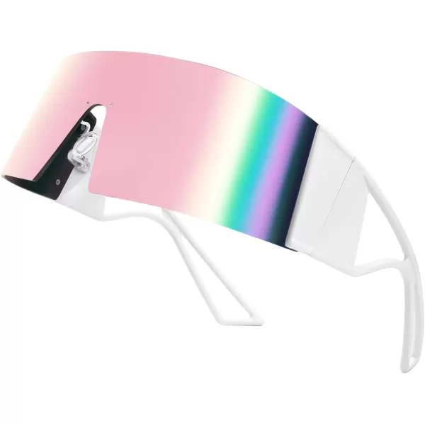 FEISEDY Oversized Flat Top Futuristic Wrap Sunglasses One Piece Goggles for Women Men Fashion Shades B4054White FramePink Mirror Lens