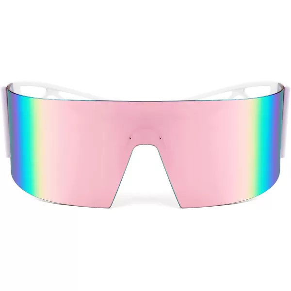 FEISEDY Oversized Flat Top Futuristic Wrap Sunglasses One Piece Goggles for Women Men Fashion Shades B4054White FramePink Mirror Lens