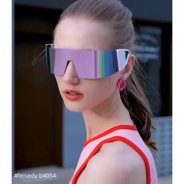 FEISEDY Oversized Flat Top Futuristic Wrap Sunglasses One Piece Goggles for Women Men Fashion Shades B4054White FramePink Mirror Lens