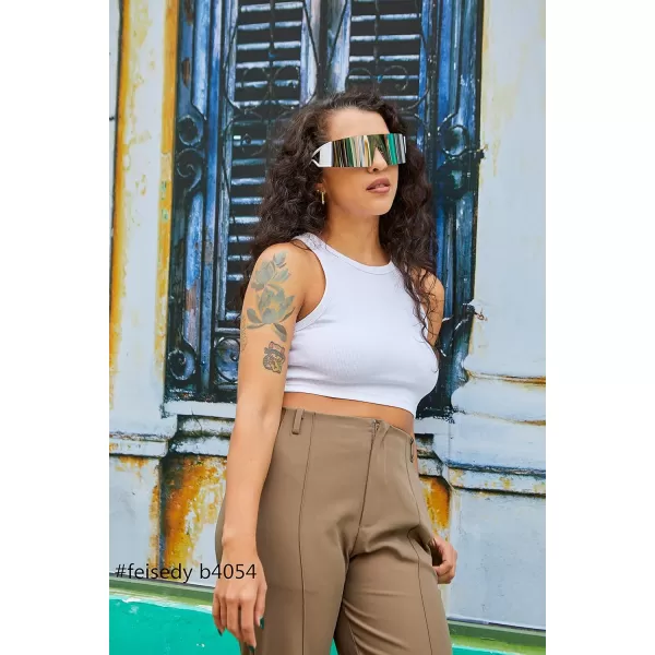 FEISEDY Oversized Flat Top Futuristic Wrap Sunglasses One Piece Goggles for Women Men Fashion Shades B4054White FrameSliver Mirror Lens
