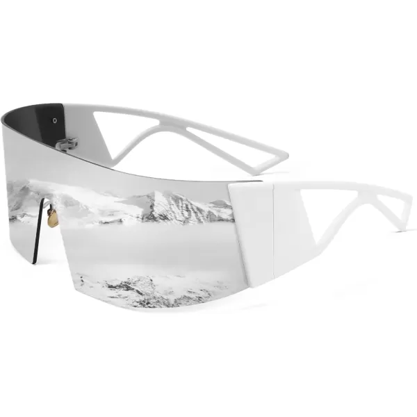 FEISEDY Oversized Flat Top Futuristic Wrap Sunglasses One Piece Goggles for Women Men Fashion Shades B4054White FrameSliver Mirror Lens