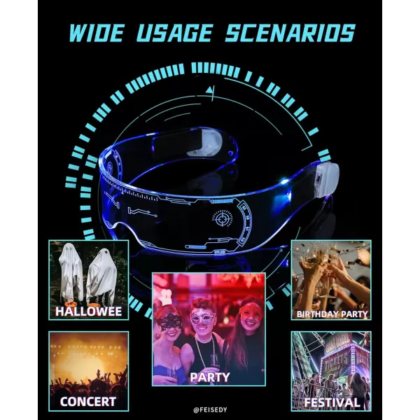 FEISEDY Punk LED Light Up Visor Glasses Cool Futuristic Style Party LED Neon Glasses Cosplay Halloween Shield B2787Bilateral Control Colorful
