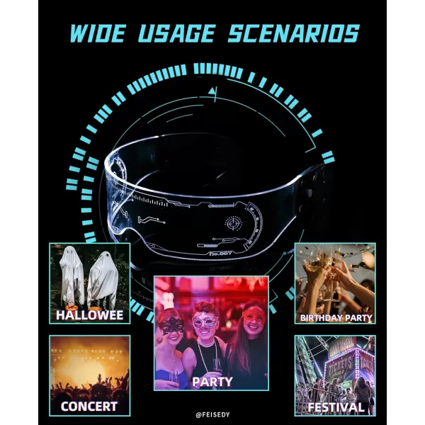 FEISEDY Punk LED Light Up Visor Glasses Cool Futuristic Style Party LED Neon Glasses Cosplay Halloween Shield B2787Upgraded Bilateral Control of Discoloration
