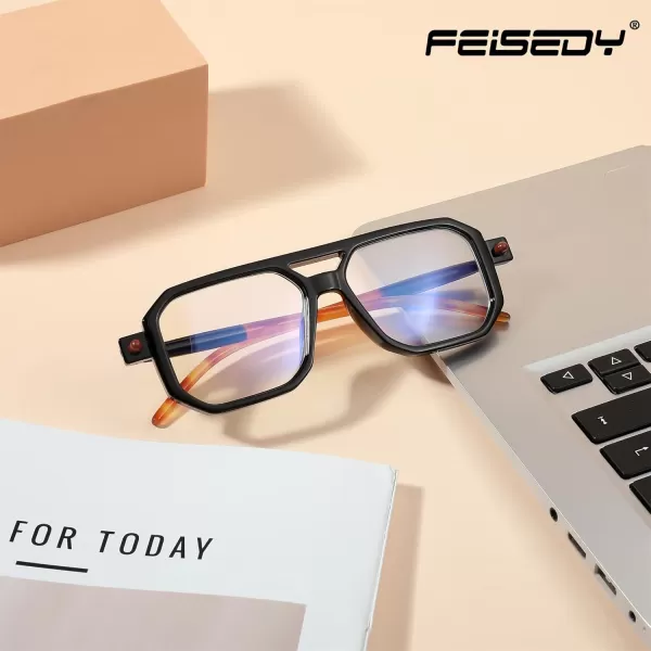 FEISEDY Reading Glasses Vintage Square Blue Light Blocking Glasses Women Men 70s Flat Aviator Glasses B0090Black