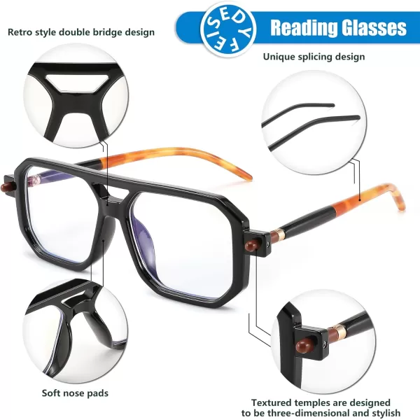 FEISEDY Reading Glasses Vintage Square Blue Light Blocking Glasses Women Men 70s Flat Aviator Glasses B0090Black