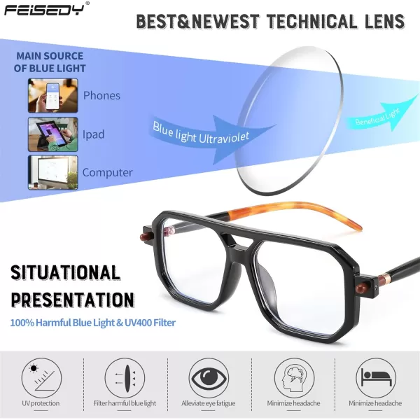 FEISEDY Reading Glasses Vintage Square Blue Light Blocking Glasses Women Men 70s Flat Aviator Glasses B0090Black