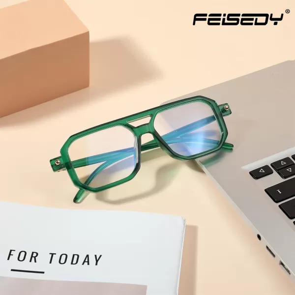 FEISEDY Reading Glasses Vintage Square Blue Light Blocking Glasses Women Men 70s Flat Aviator Glasses B0090Green