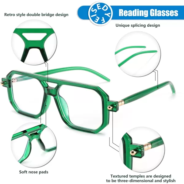FEISEDY Reading Glasses Vintage Square Blue Light Blocking Glasses Women Men 70s Flat Aviator Glasses B0090Green