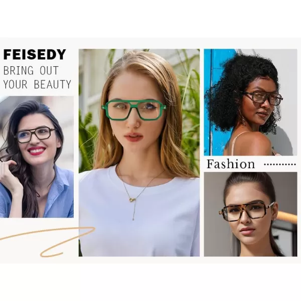 FEISEDY Reading Glasses Vintage Square Blue Light Blocking Glasses Women Men 70s Flat Aviator Glasses B0090Green