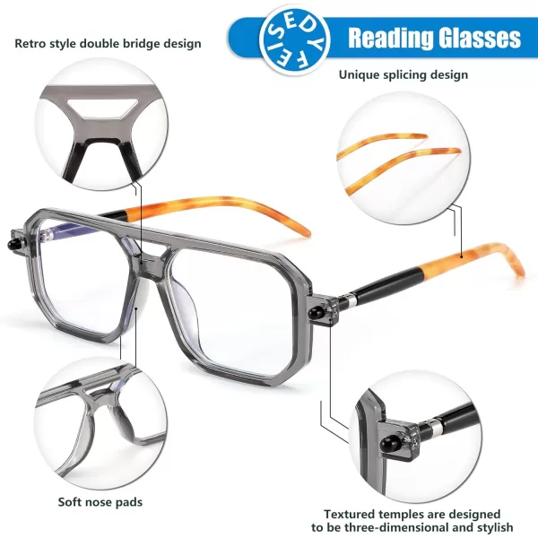 FEISEDY Reading Glasses Vintage Square Blue Light Blocking Glasses Women Men 70s Flat Aviator Glasses B0090Grey