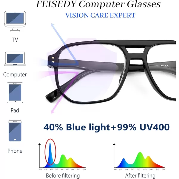 FEISEDY Retro Aviator Reading Glasses Women Men Blue Light Blocking Reader Plastic Lightweight Frame B0071Black Frame