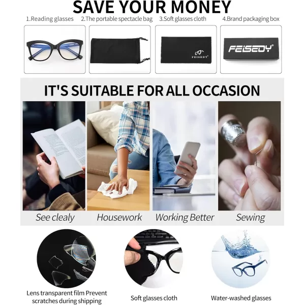 FEISEDY Retro Square Reading Glasses Anti Glare Digital Blue Light Blocking Eyestrain for Women Reader B0058Black