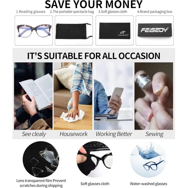 FEISEDY Retro Square Reading Glasses Anti Glare Digital Blue Light Blocking Eyestrain for Women Reader B0058Blue Leopard