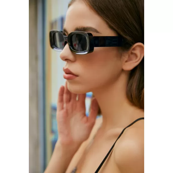 FEISEDY Retro Thick Rectangle Sunglasses Retro 90s Small Chunky Square Women Men B2307Black