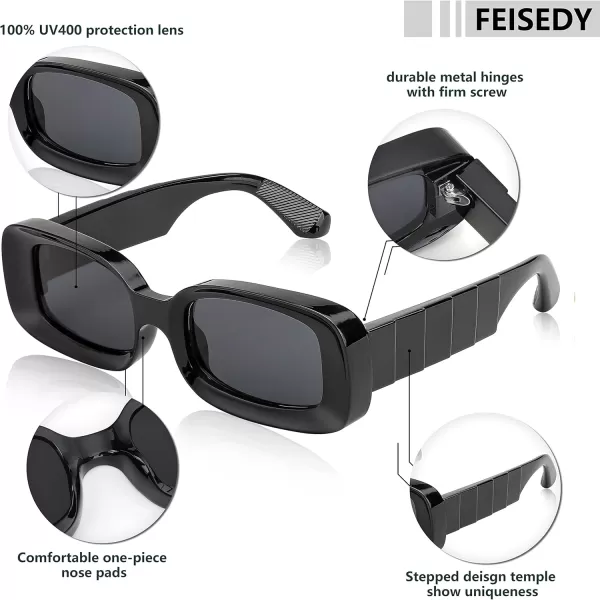 FEISEDY Retro Thick Rectangle Sunglasses Retro 90s Small Chunky Square Women Men B2307Black