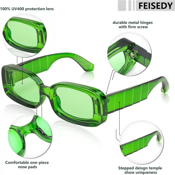 FEISEDY Retro Thick Rectangle Sunglasses Retro 90s Small Chunky Square Women Men B2307Green
